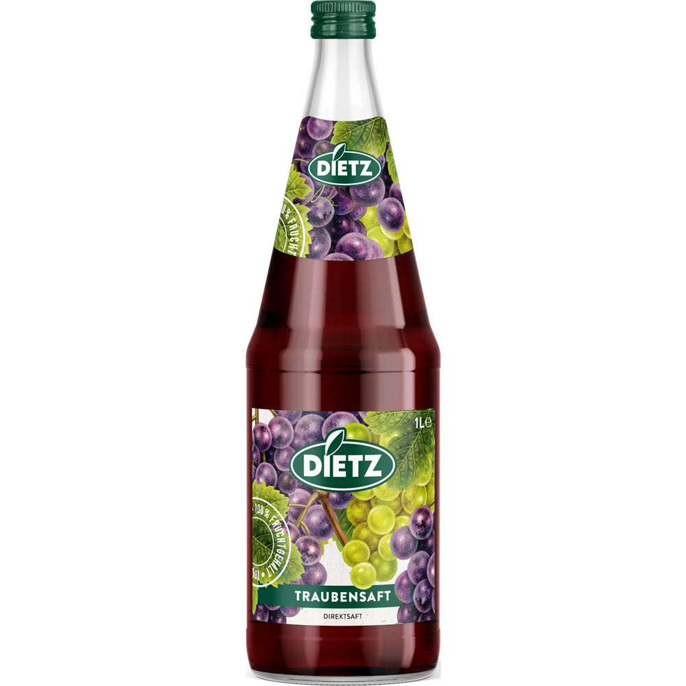 Eine Packung Dietz Traubensaft Rot 6x1L (Mehrweg) mit grünen und violetten Weintrauben auf dem Etikett.