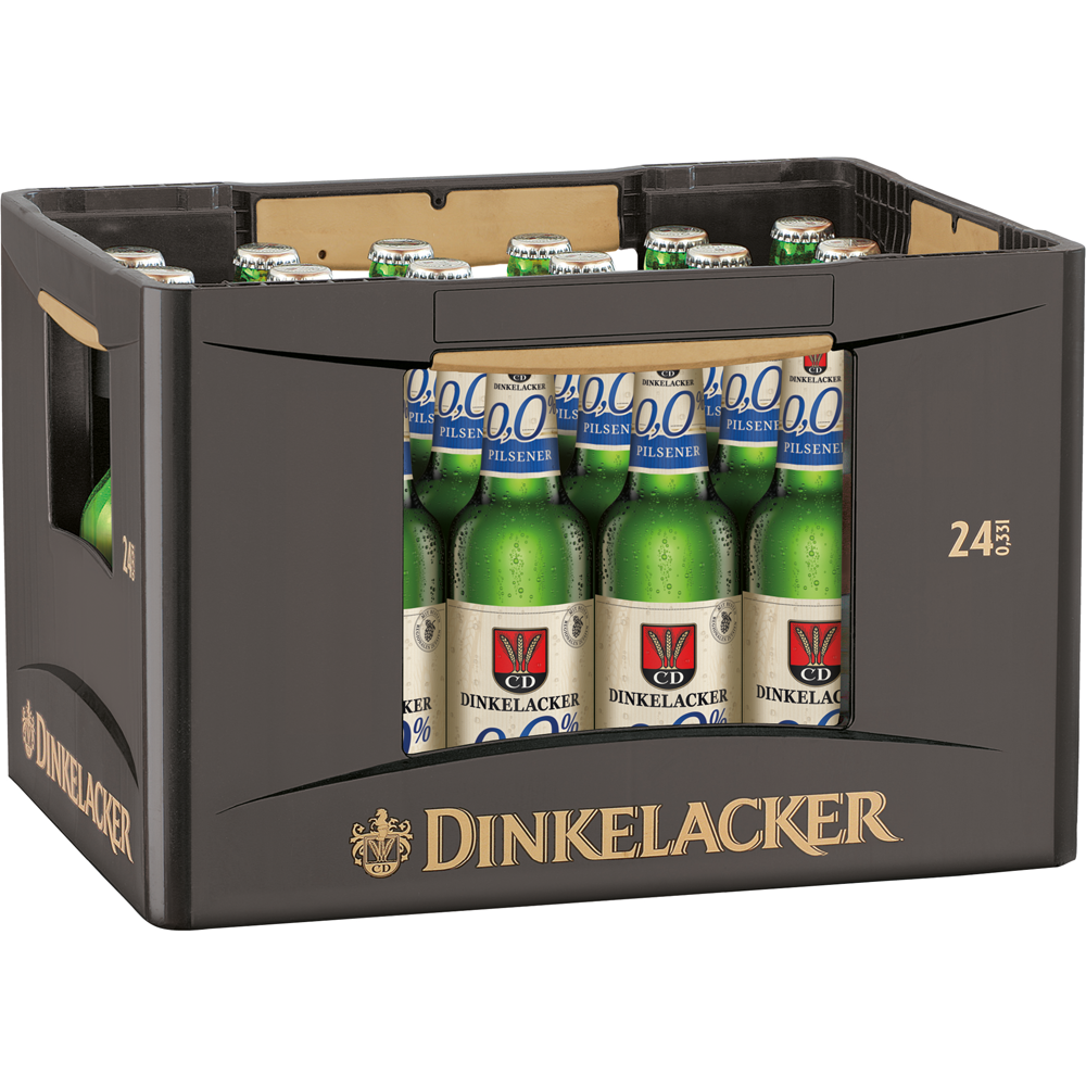 Genießen Sie den erfrischenden Geschmack von Dinkelacker 0,0% Alkoholfrei - klassischer Pilsener Geschmack in einer Kiste mit 24x 0,33L Flaschen (MEHRWEG).