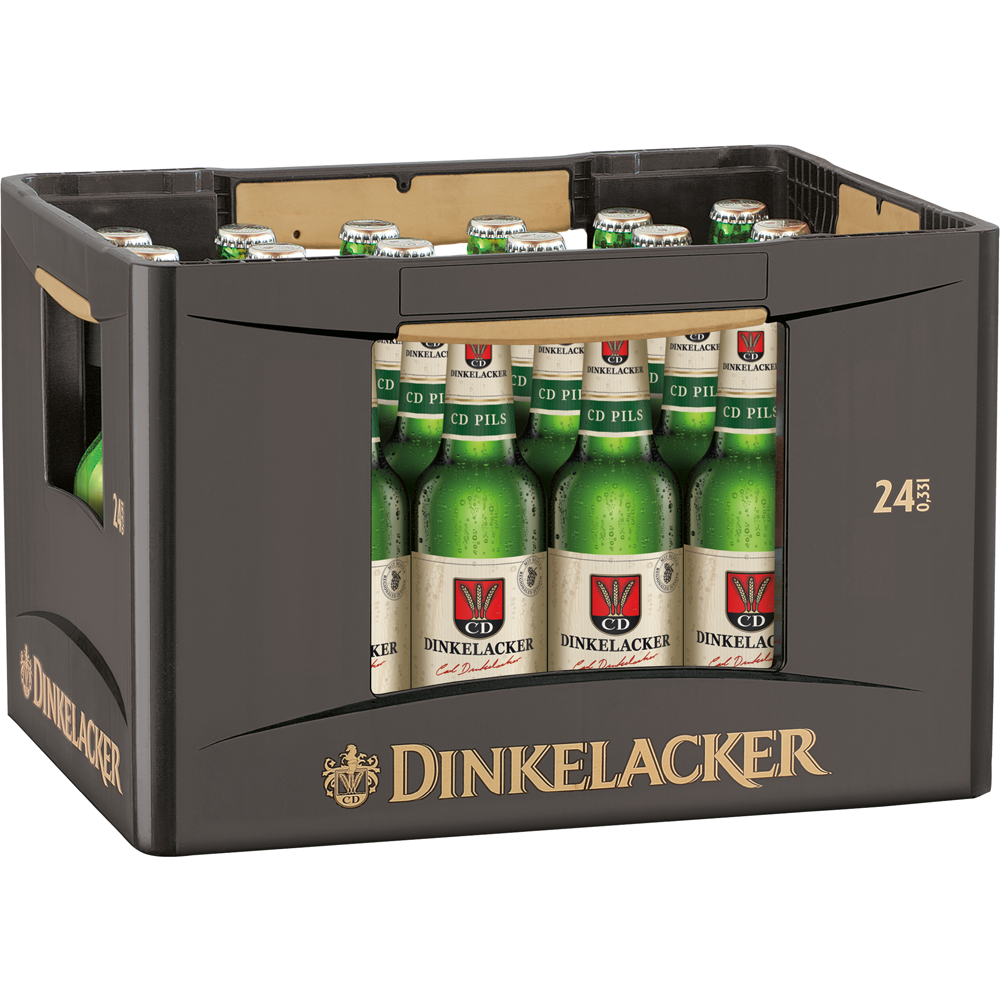 Eine schwarze Kiste mit Dinkelacker CD Pils 24x 0,33 Liter (MEHRWEG) von Dinkelacker, mit deutlich sichtbaren Flaschenetiketten auf der Vorderseite.