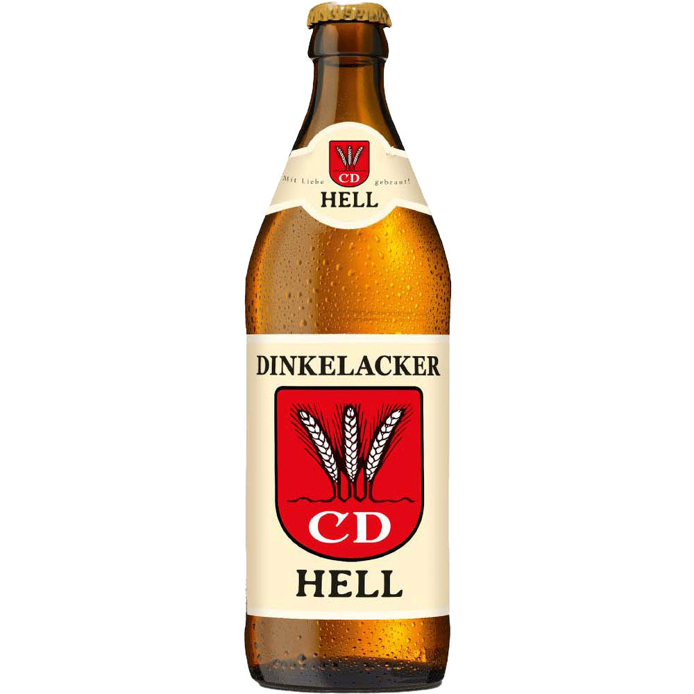 Eine Dinkelacker Hell 20x 0,5 Liter (MEHRWEG) Bierflasche mit cremefarbenem Etikett und rotem Schildlogo mit drei Weizenhalmen, die echte schwäbische Braukunst und den erfrischenden Geschmack von Helles Bier hervorheben.