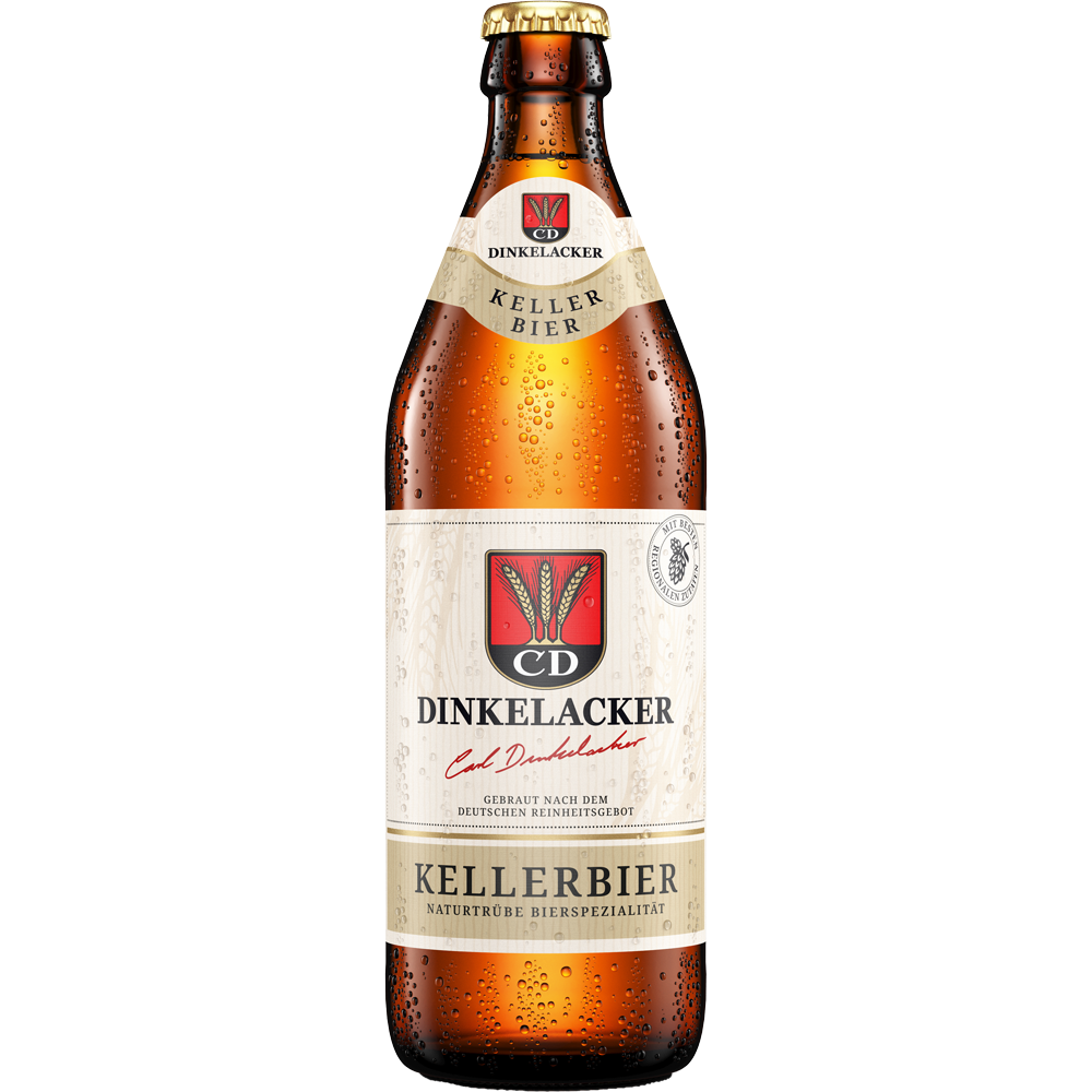 Eine braune Flasche Dinkelacker Kellerbier 20x 0,5 Liter (MEHRWEG) mit Kondenswasser und einem beigen Etikett mit roten und goldenen Akzenten von Dinkelacker, das die schwäbische Brautradition präsentiert.