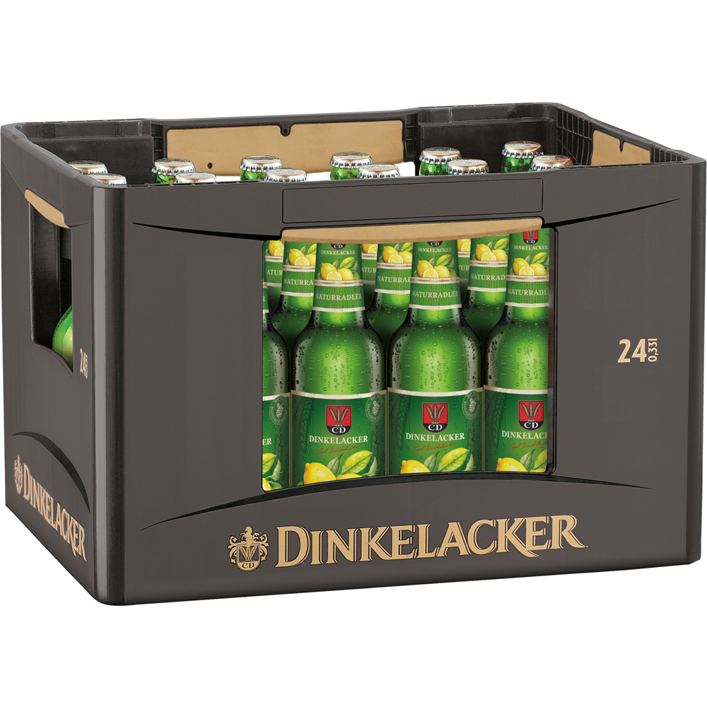 Eine schwarze Kiste Dinkelacker Naturradler 24x0,33L (MEHRWEG) mit Flaschen mit grünen Etiketten und Verschlüssen verbindet erfrischende Zitronenlimonade mit klassischem Bier.