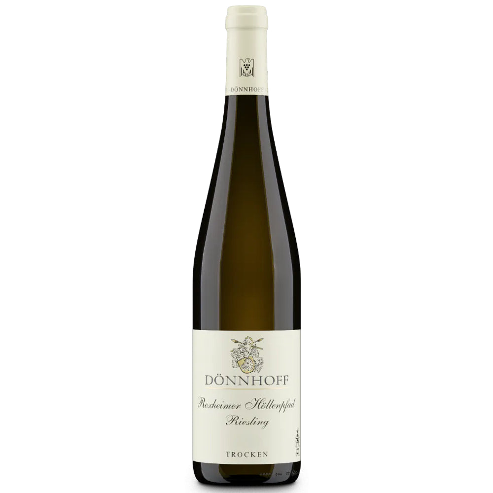 Eine Flasche „Weingut Dönnhoff Riesling Roxheimer Höllenpfad 1G trocken 2022“ aus der Nahe-Region mit weißem Etikett und cremefarbener Kappe – gekeltert als hochgeschätztes VDP.Grosses Gewächs trocken.