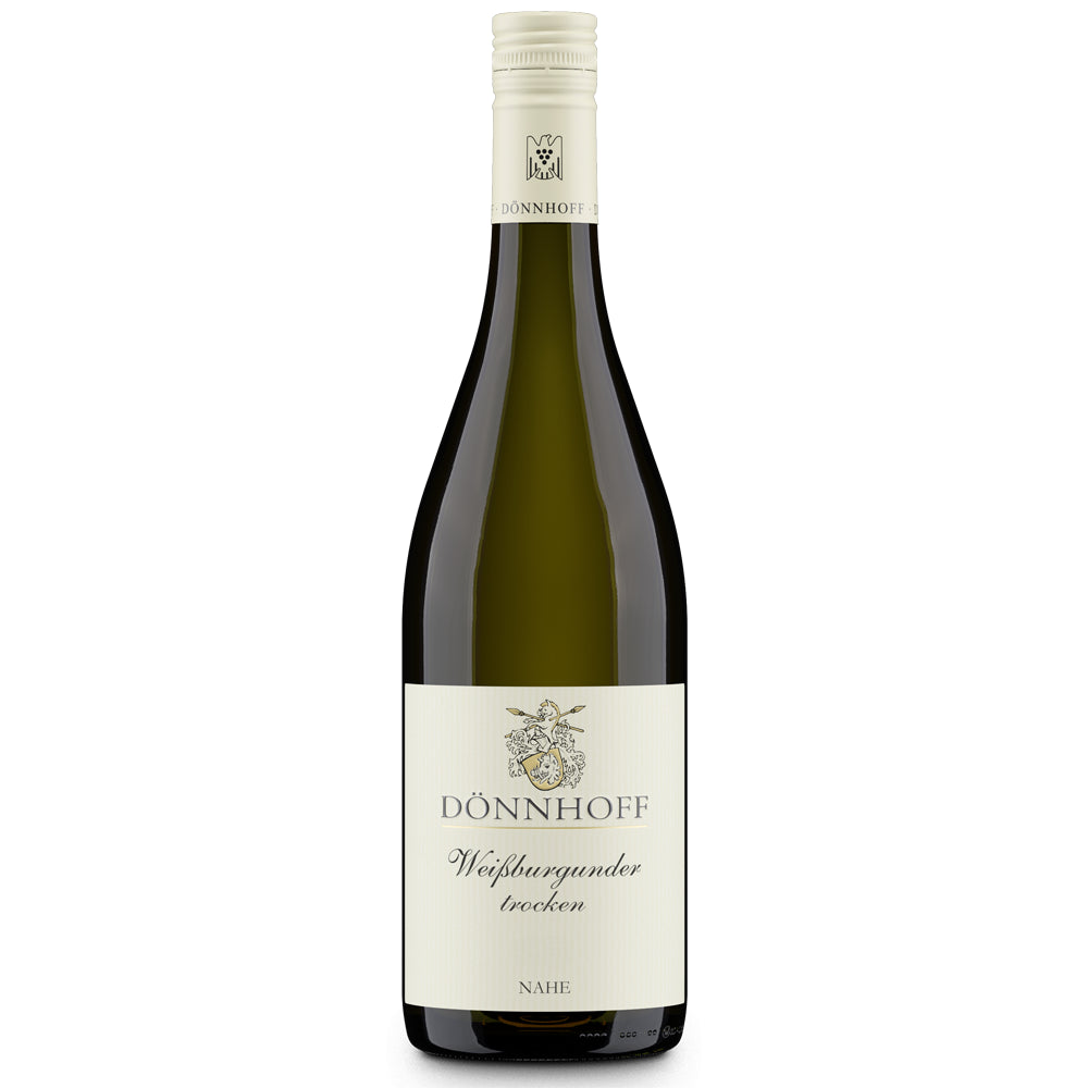 Eine Flasche „Dönnhoff Weißburgunder trocken 2024“ vom Weingut Dönnhoff mit cremefarbenem Etikett und Schraubverschluss verkörpert den raffinierten Charakter eines VDP.Gutsweins aus der Weißweinregion Nahe.