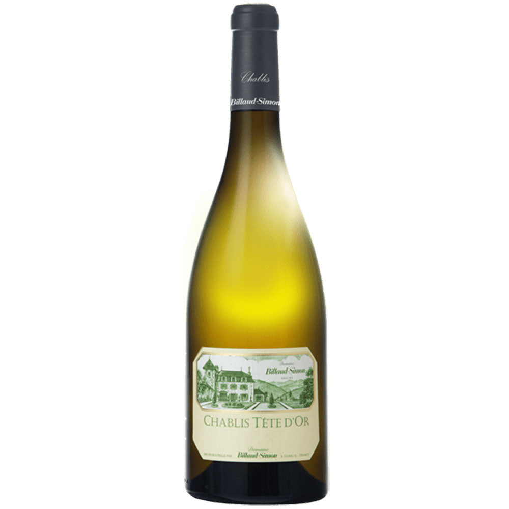 Eine Flasche Domaine Billaud-Simon Chablis Tête D'Or AC 2021, Weißwein mit grünem und cremefarbenem Etikett.