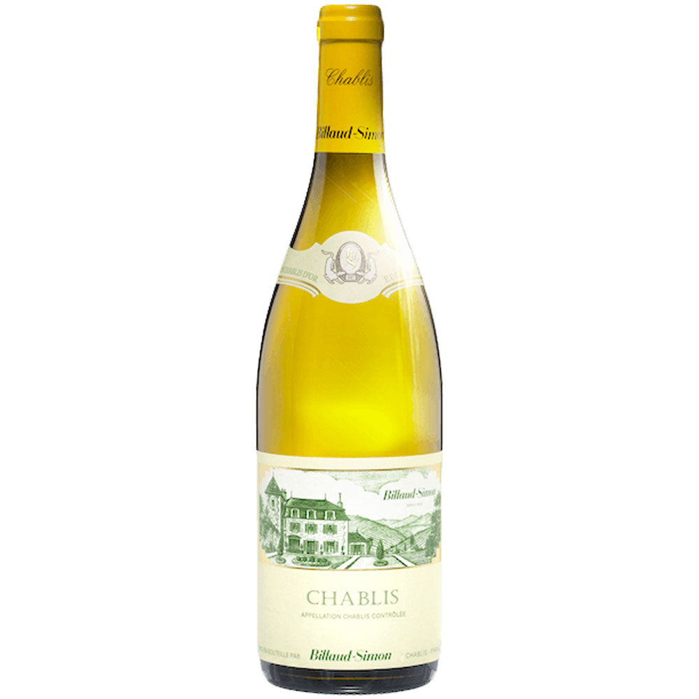 Eine Flasche des Weißweins Domaine Billaud-Simon Chablis Village AC 2022 mit einem gelben Etikett, auf dem ein Gebäude abgebildet ist.