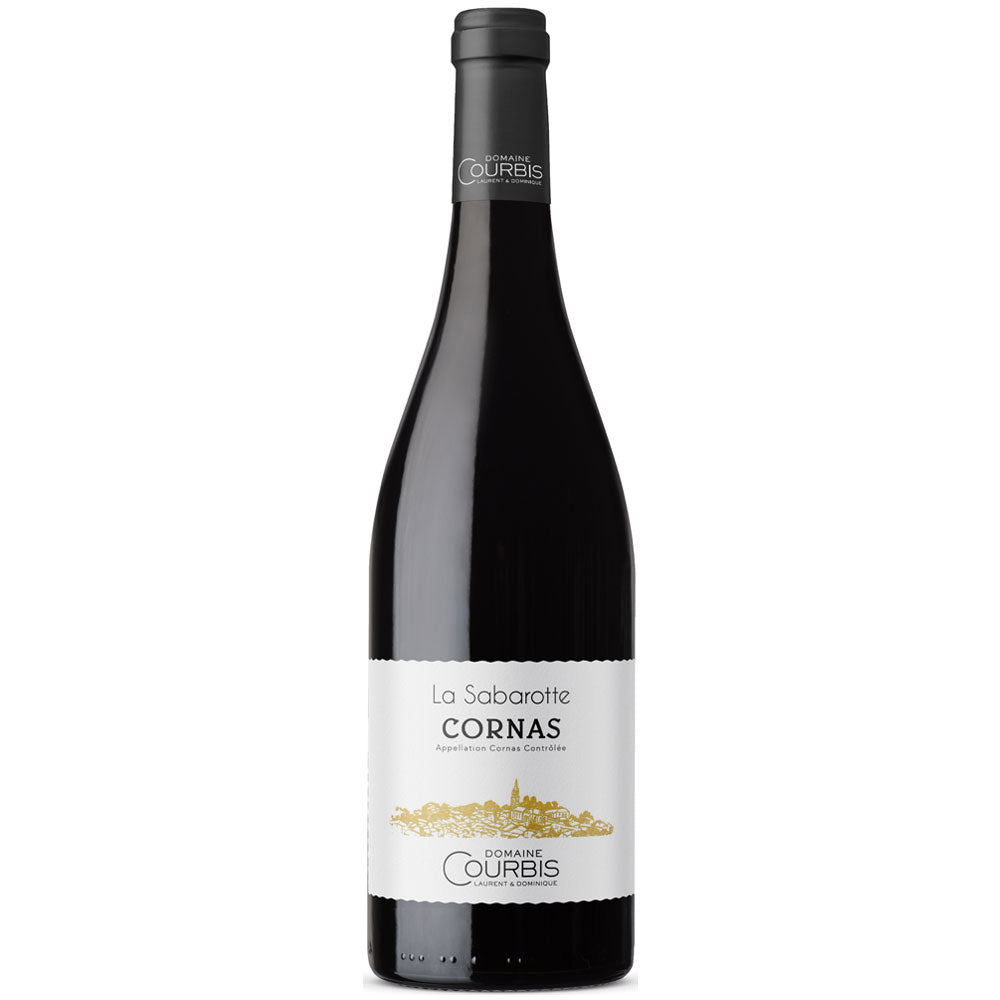 Eine Flasche Domaine Courbis Cornas La Sabarotte AOC 2019, ein Syrah aus der Rhône, mit einem weiß-goldenen Etikett.