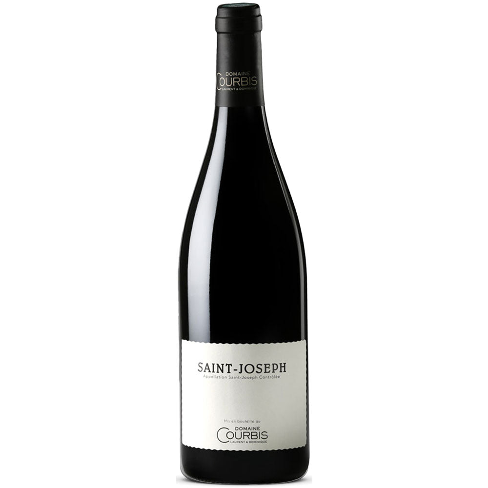 Eine Flasche Domaine Courbis Saint-Joseph Rouge AOC 2023, hergestellt von der Domaine Courbis aus Syrah-Trauben, mit schwarzem Verschluss und elegantem weißen Etikett.