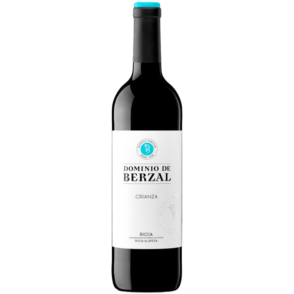 Eine Flasche Dominio De Berzal Crianza DOCa Rioja 2021 mit weißem Etikett und türkisfarbenem Verschluss, hergestellt aus Tempranillo-Trauben der Marke Dominio De Berzal.