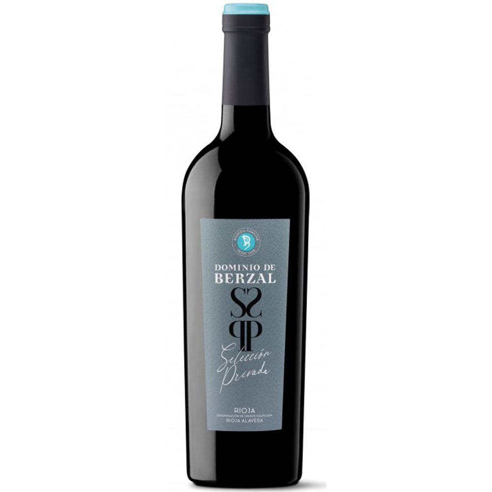 Eine Flasche Dominio De Berzal Seleccion Privada DOCa Rioja 2021, ein spanischer Rotwein von Dominio De Berzal, der sich durch sein graues Etikett mit auffälligen blauen Akzenten auszeichnet.