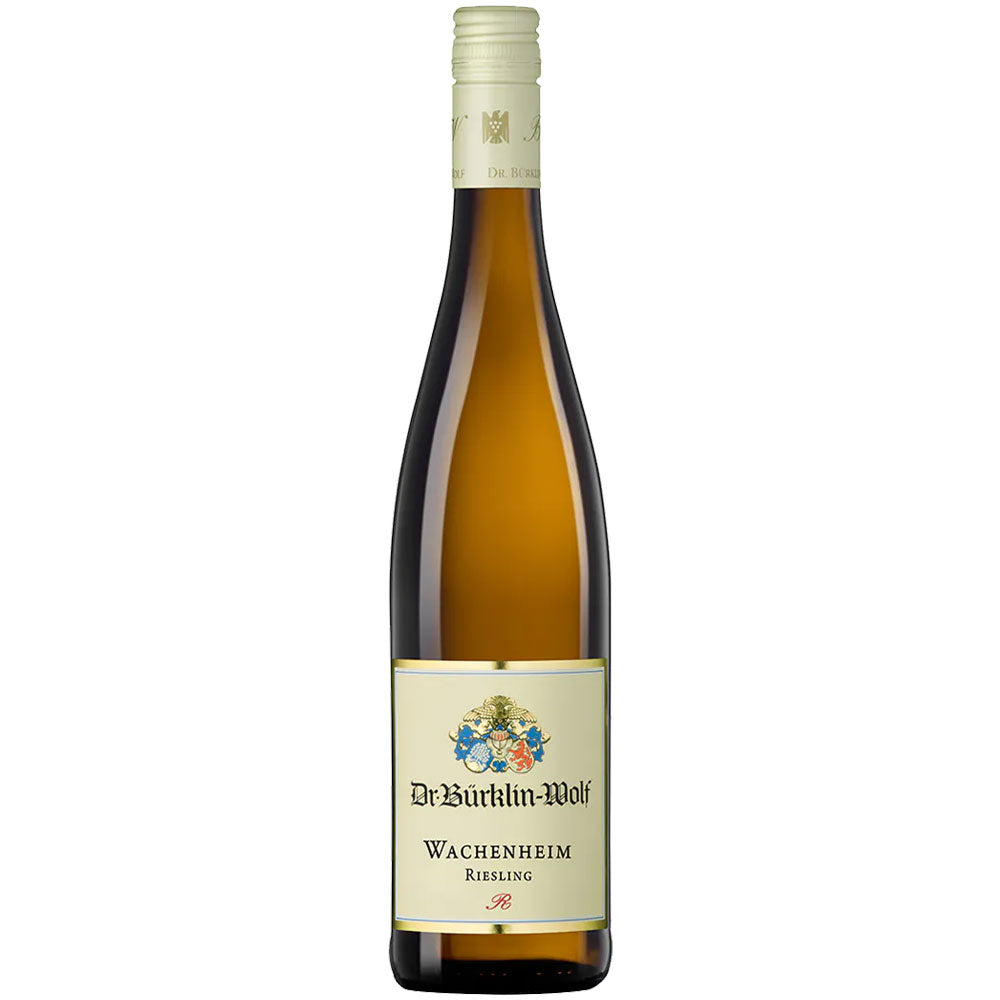 Eine Flasche Dr. Bürklin-Wolf Wachenheim Riesling R Village trocken 2020, ein raffinierter Pfälzer Weißwein mit einem eleganten cremefarbenen und goldenen Etikett.