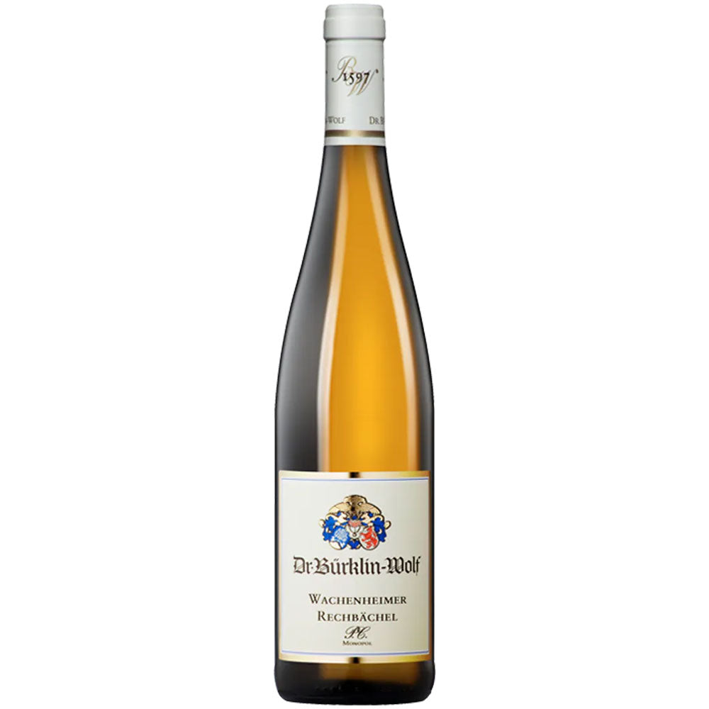 Eine Flasche Dr. Bürklin-Wolf Wachenheimer Rechbächel Riesling P.C. 2023, mit cremefarbenem Etikett und gold-blauem Wappen, vom geschätzten Weingut Dr. Bürklin-Wolf.