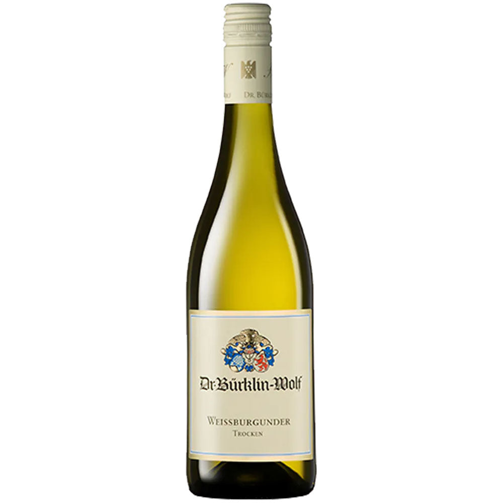 Eine Flasche Dr. Bürklin-Wolf Weissburgunder trocken 2024 mit einem cremefarbenen Etikett.