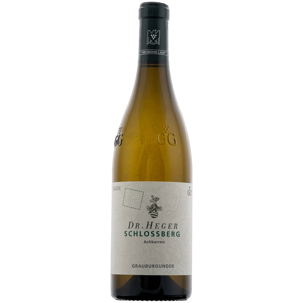 Eine Flasche „Weingut Dr. Heger Achkarrer Schlossberg Grauburgunder VDP.Grosse Lage trocken 2023“, ein Weißwein aus der renommierten Region Kaiserstuhl, präsentiert vor weißem Hintergrund.