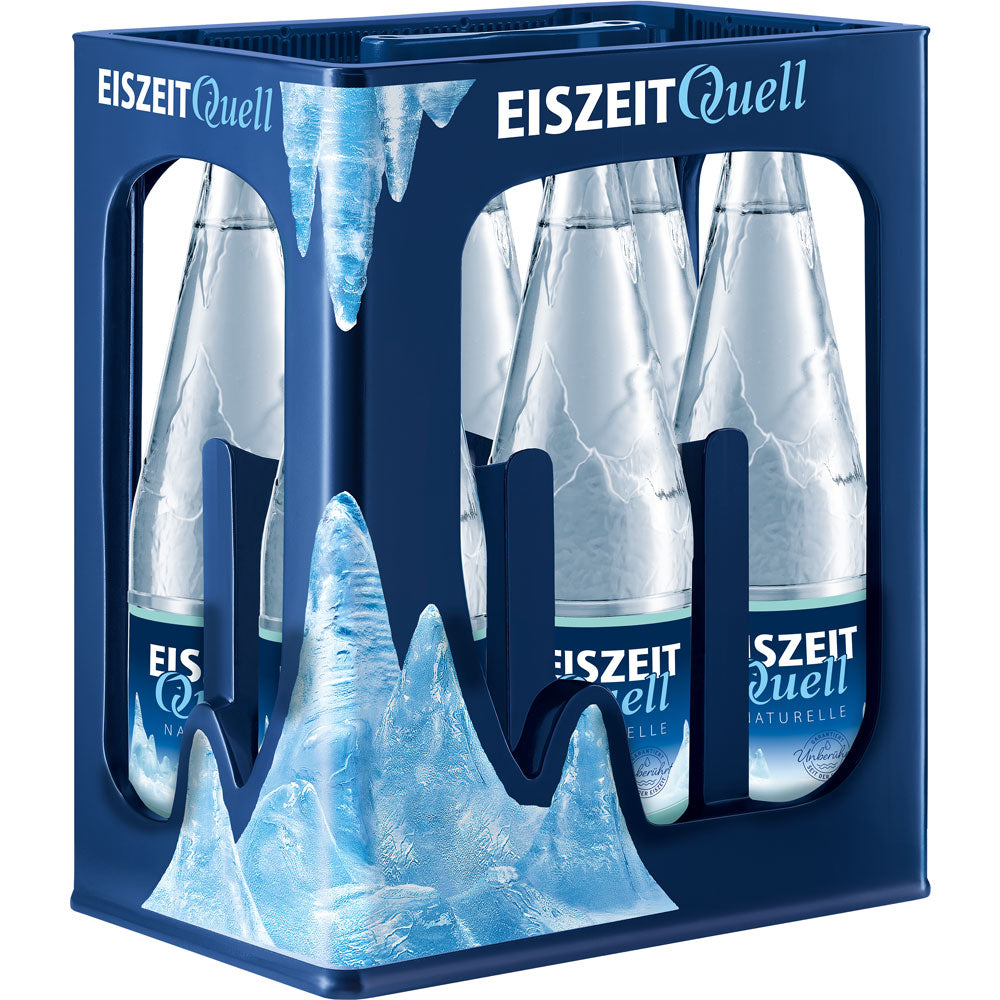 Eine dunkelblaue Kiste mit Eiszeitquell Naturelle 6x1L (MEHRWEG) enthält sechs Flaschen, die mit Eis und Eiszapfen verziert sind und die natürliche Reinheit betonen.