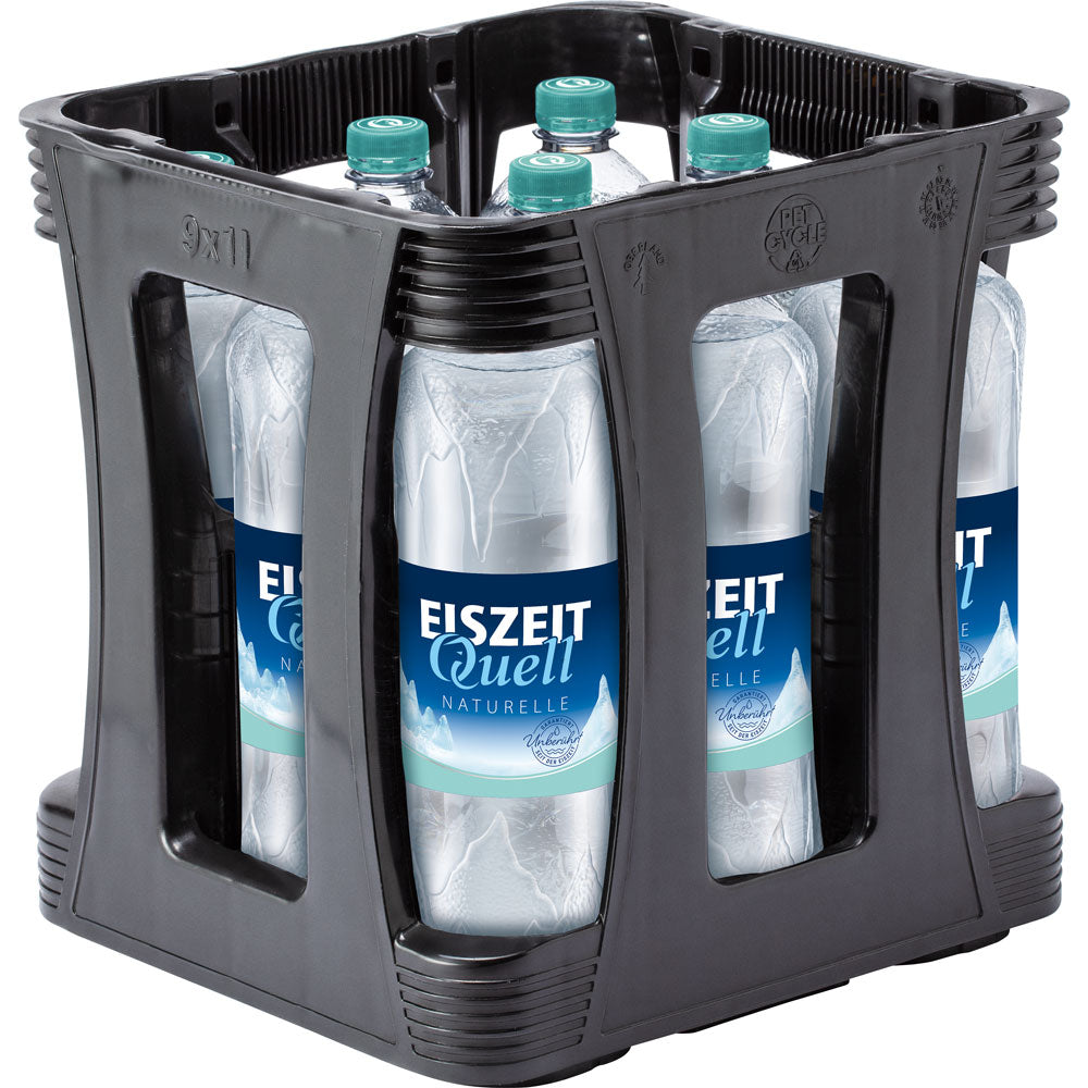 Eine schwarze Kunststoffkiste enthält neun 1-Liter-Flaschen Eiszeitquell EiszeitQuell Naturelle Mineralwasser ohne Kohlensäure (PET, EINWEG).