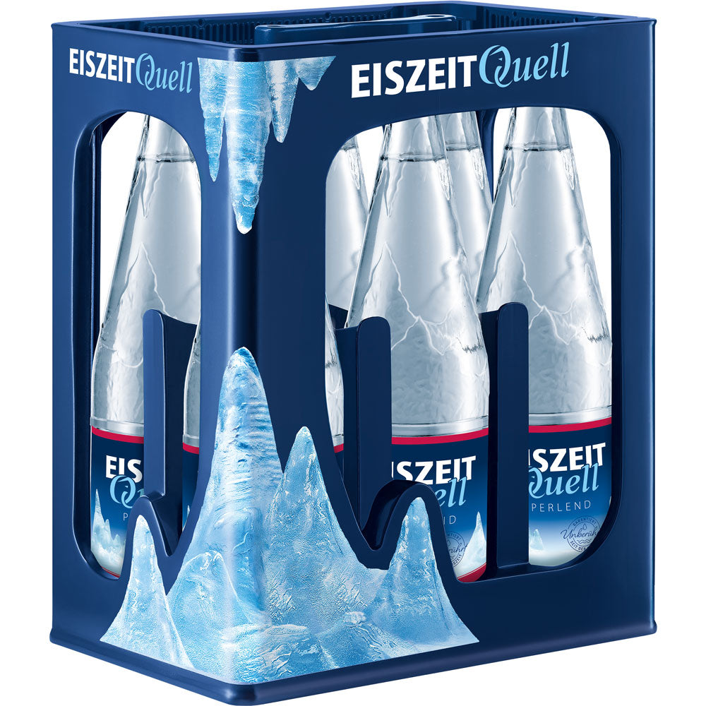 Eine blaue Kiste enthält sechs 1-Liter-Flaschen Eiszeitquell Perlend (Mehrweg) mit eisigem Bergdesign und natürlich natriumarmem Mineralwasser mit Kohlensäure.