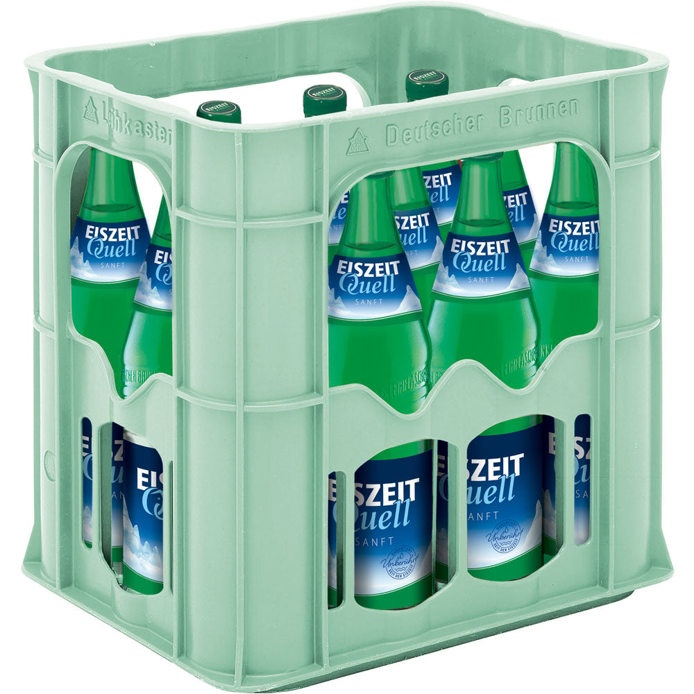 Eine grüne Kiste mit 12 wiederverwendbaren 0,75-Liter-Flaschen Eiszeitquell Sanft Mineralwasser.