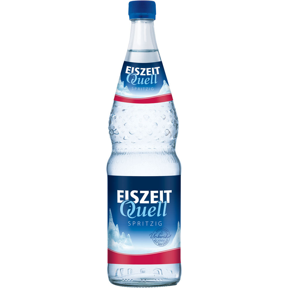 Eine Flasche Eiszeitquell Spritzig 12x 0,7 Liter (MEHRWEG) Mineralwasser der Marke Eiszeitquell, mit blauem und rotem Etikett.