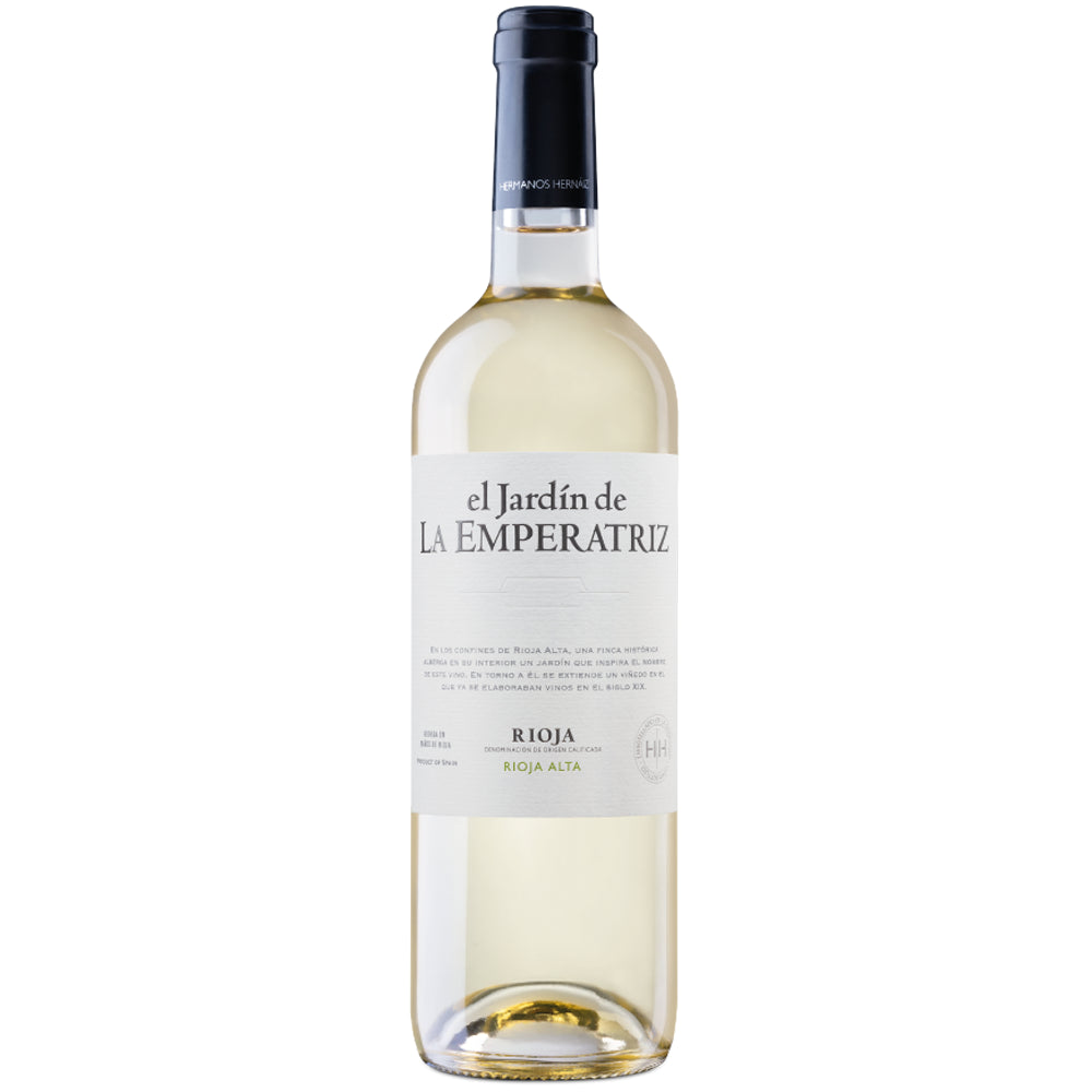 Eine Flasche „El Jardin de La Emperatriz Blanco Rioja DOCa 2024“ von Bodegas Finca La Emperatriz, gekeltert aus Viura-Trauben und mit einem weißen Etikett sowie einem schwarzen Verschluss – ein eleganter Vertreter der berühmten spanischen Rioja-Region.