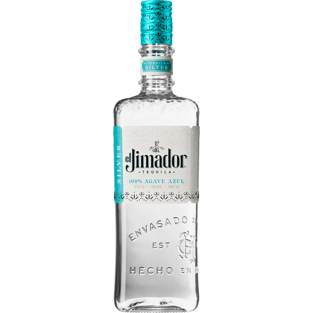 Eine 0,7-Liter-Flasche El Jimador Blanco Tequila 38% aus Jalisco, hergestellt aus 100% blauer Weber-Agave, zeichnet sich durch ein klares Design mit türkisfarbenem Deckel und Etikett aus.