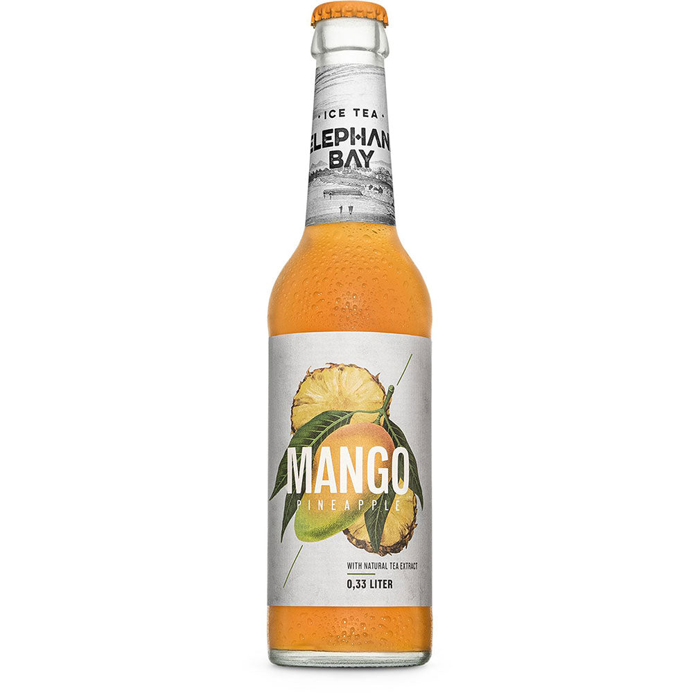 Eine 0,33-Liter-Flasche Elephant Bay Mango Ananas Eistee (MEHRWEG), 20er-Pack, mit bunten Mango- und Ananas-Grafiken auf dem Etikett.