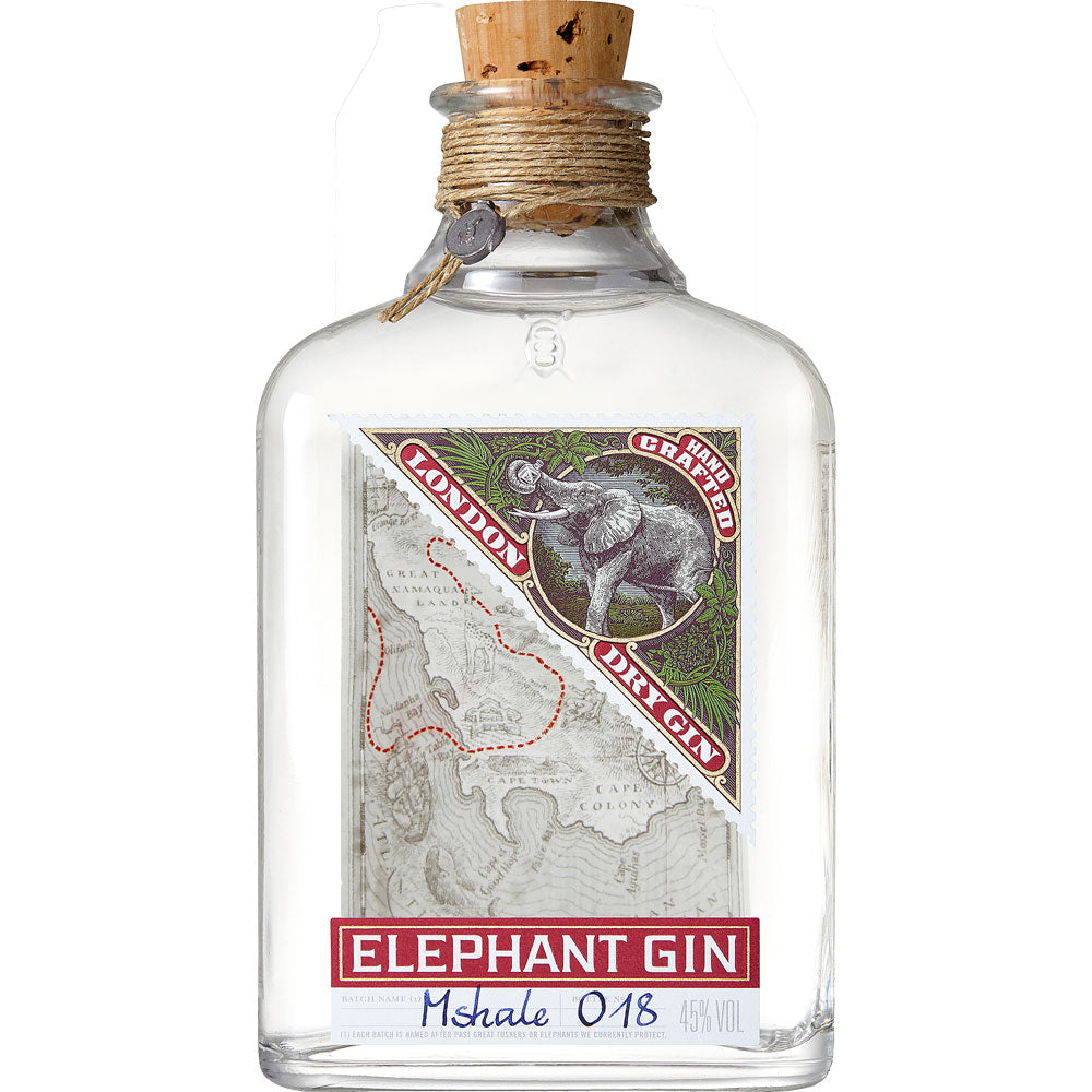 Klare Flasche Elephant London Dry Gin 45% (0,7 l) von Elephant Gin mit Korkverschluss, Kartenetikett und rotem Text - ganz im Stil eines klassischen London Dry Gin.
