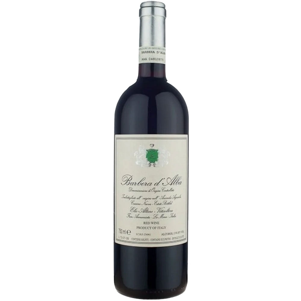 Eine Flasche Elio Altare Barbera D'Alba DOC 2024, ein italienischer Spitzenrotwein von Elio Altare, mit weißem Etikett und markantem grünen Wappen auf der Vorderseite.