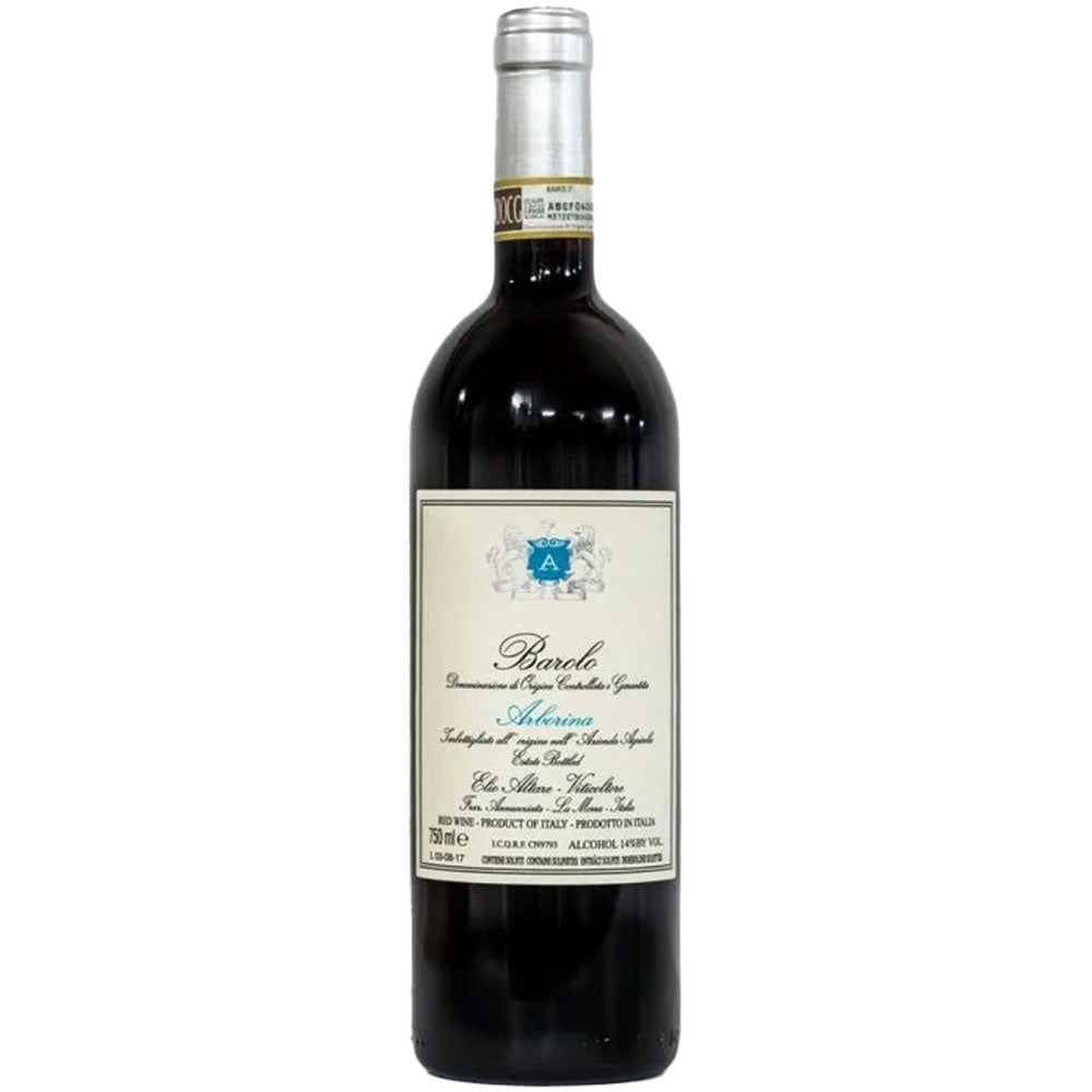 Eine Flasche Elio Altare Barolo Arborina DOCG 2018 steht aufrecht vor einem weißen Hintergrund und trägt ein elegantes cremefarbenes Etikett mit blauem Wappen.
