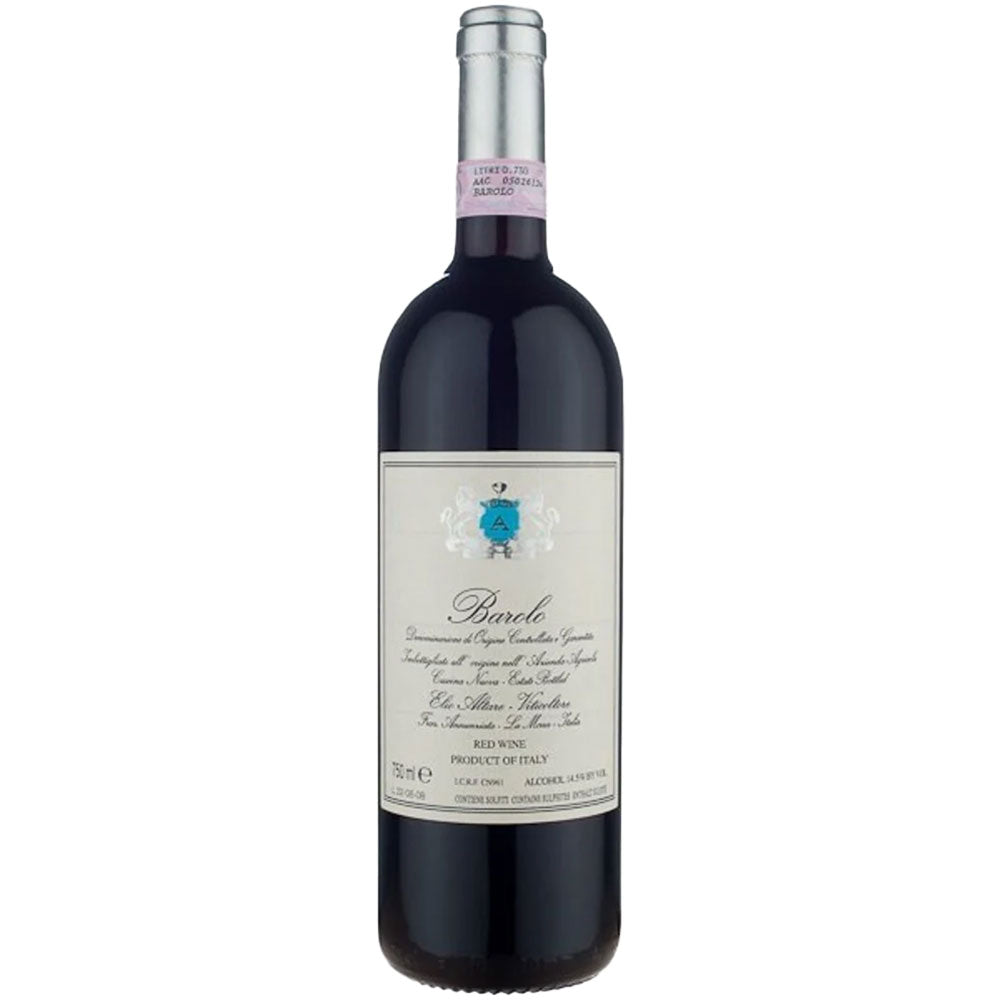 Aufrecht steht eine Flasche Elio Altare Barolo DOCG 2021 von Elio Altare mit cremefarbenem Etikett und rosafarbener Folie am Hals.