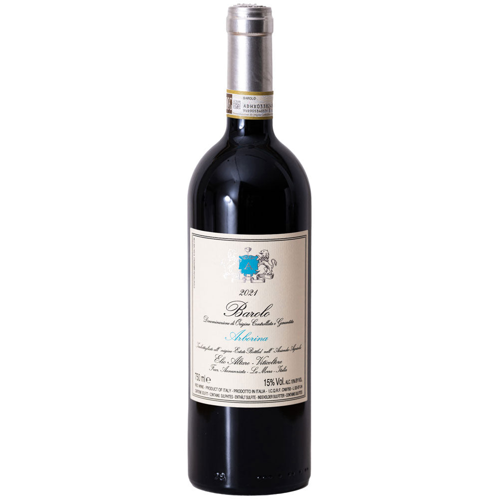 Eine Flasche Elio Altare Barolo Arborina DOCG 2021 steht aufrecht vor einem weißen Hintergrund. Das cremefarbene Etikett und das blaue Wappen heben dieses elegante Beispiel eines italienischen Rotweins der Marke Elio Altare hervor.