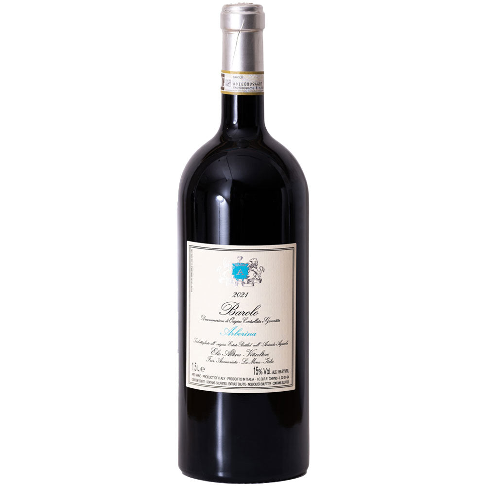 Eine 1,5-Liter-Flasche Elio Altare Barolo Arborina DOCG 2021 italienischer Rotwein mit einem cremefarbenen Etikett und einem mit Folie umwickelten Hals auf weißem Hintergrund.