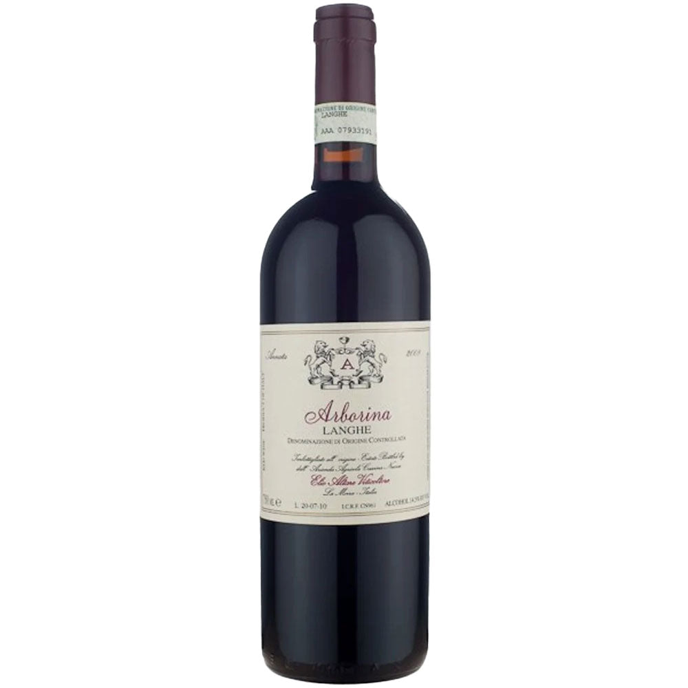 Eine Flasche Elio Altare Giárborina Langhe Rosso 2016 mit einem cremefarbenen Etikett und kastanienbrauner Folie am Hals.
