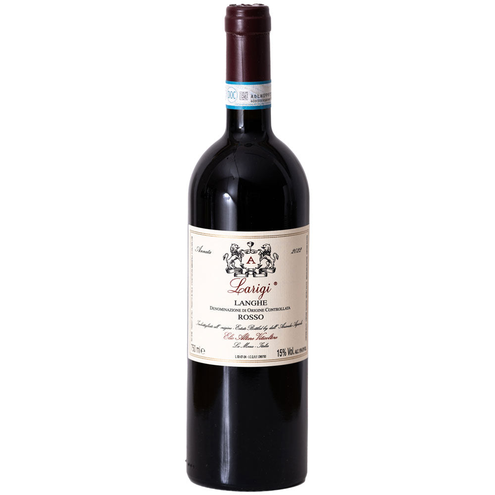 Elio Altare Larigi Langhe Rosso DOC 2022 - diese beigefarbene Flasche mit rotem Verschluss hebt sich von einem weißen Hintergrund ab und ist ideal für Fans des Piemont-Rotweins.