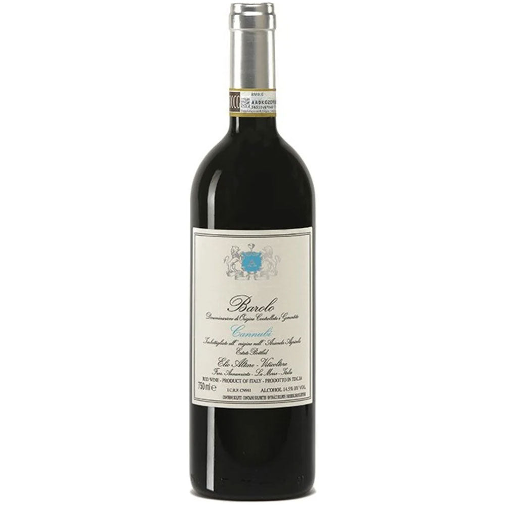 Eine Flasche Elio Altare Barolo Cannubi DOCG 2020 mit einem cremefarbenen Etikett und Silberfolie am Hals.