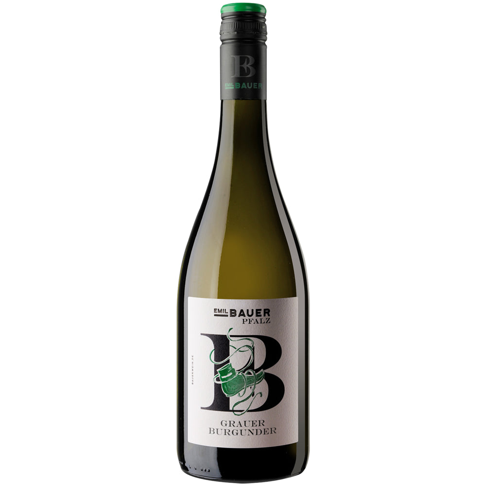 Eine Flasche Emil Bauer Bundschuh Grauer Burgunder trocken 2025, ein spritziger, trockener Weißwein von Emil Bauer, mit einem weißen Etikett mit grünen Akzenten.