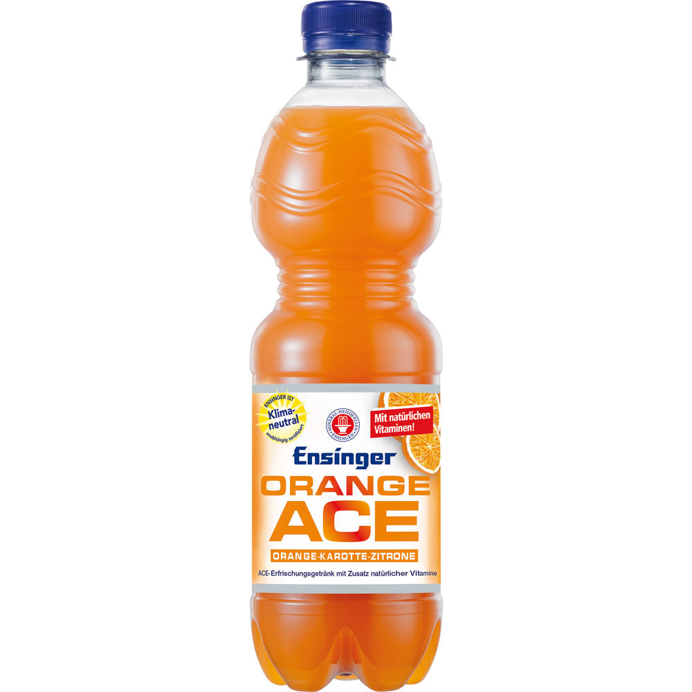 Ensinger ACE Orangen-Karotten-Zitronen, ein Mehrweg-Getränk mit natürlichen Vitaminen aus Orange, Karotte und Zitrone in der 0,5L PET-Flasche (11er Pack).
