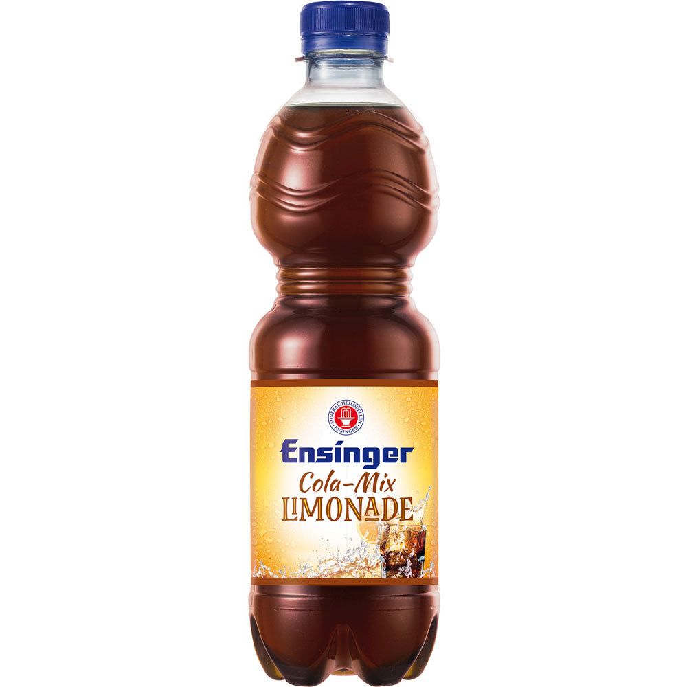 Ensinger Cola Mix PET 11x0,5L (EINWEG): Veganes Cola-Orange-Getränk in einer Kunststoffflasche von Ensinger mit gelbem Etikett und blauem Verschluss.