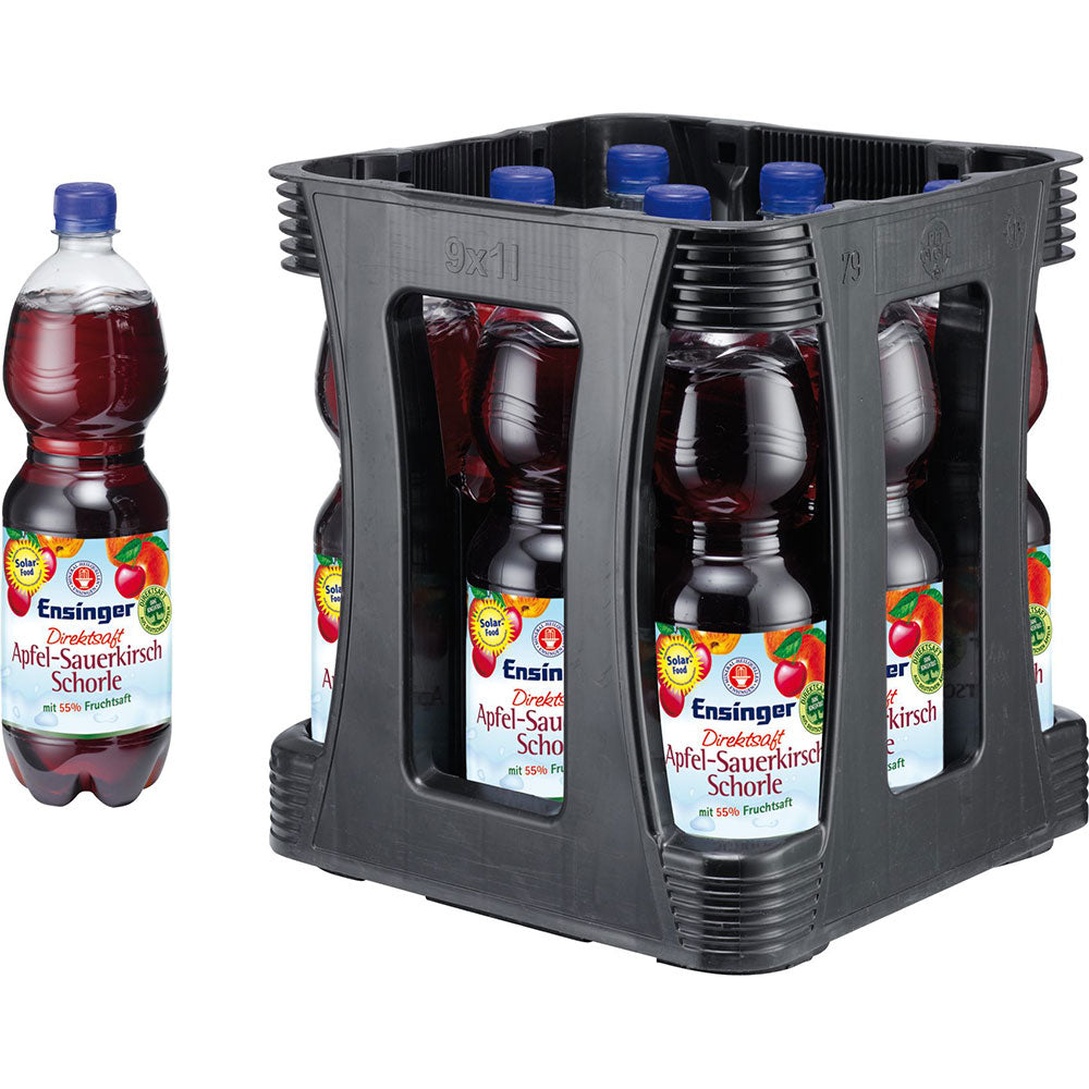 Eine Kunststoffkiste enthält Flaschen von Ensinger Direkt Apfel Kirsch Schorle PET 9x1L (Einweg) von Ensinger, hergestellt mit natürlichen Zutaten; eine Flasche steht neben der Kiste.