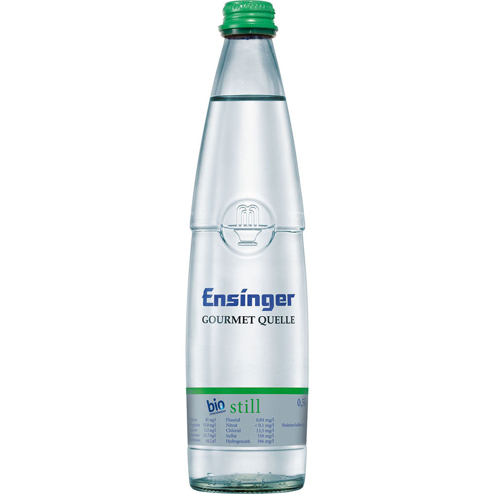 Ensinger Gourmet BIO Still Mineralwasser in der 0,5 Liter Glasflasche mit blauem Etikett und grünem Verschluss ist als Ensinger Gourmet BIO Still 20x 0,5 Liter (MEHRWEG) erhältlich.