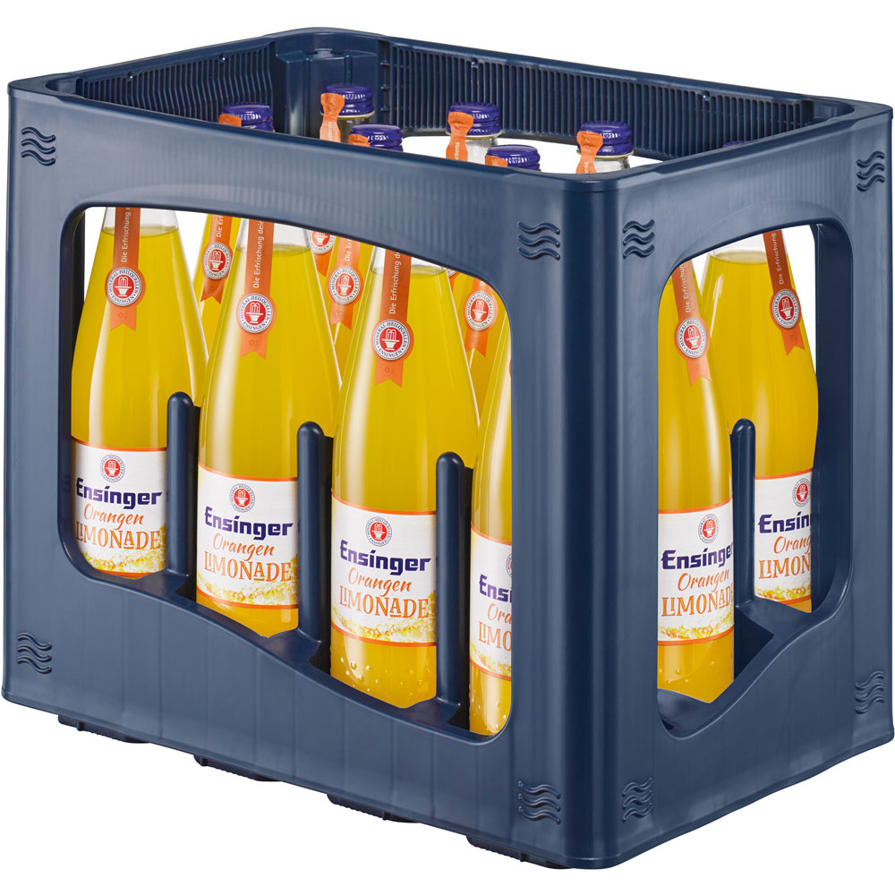 Eine blaue Kiste mit 12 Glasflaschen Ensinger Orangenlimonade (12x0,75L, Mehrweg) - die vegane Erfrischung für einen besonderen Genuss.