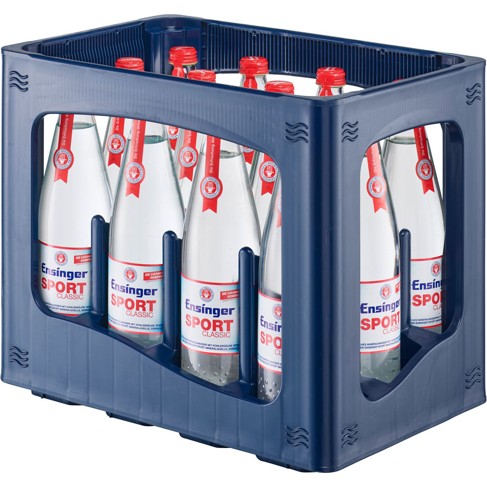 Eine blaue Kiste mit zwölf 0,75 l Glasflaschen Ensinger Sport Classic Mineralwasser (MEHRWEG), reich an Kalzium und Magnesium.