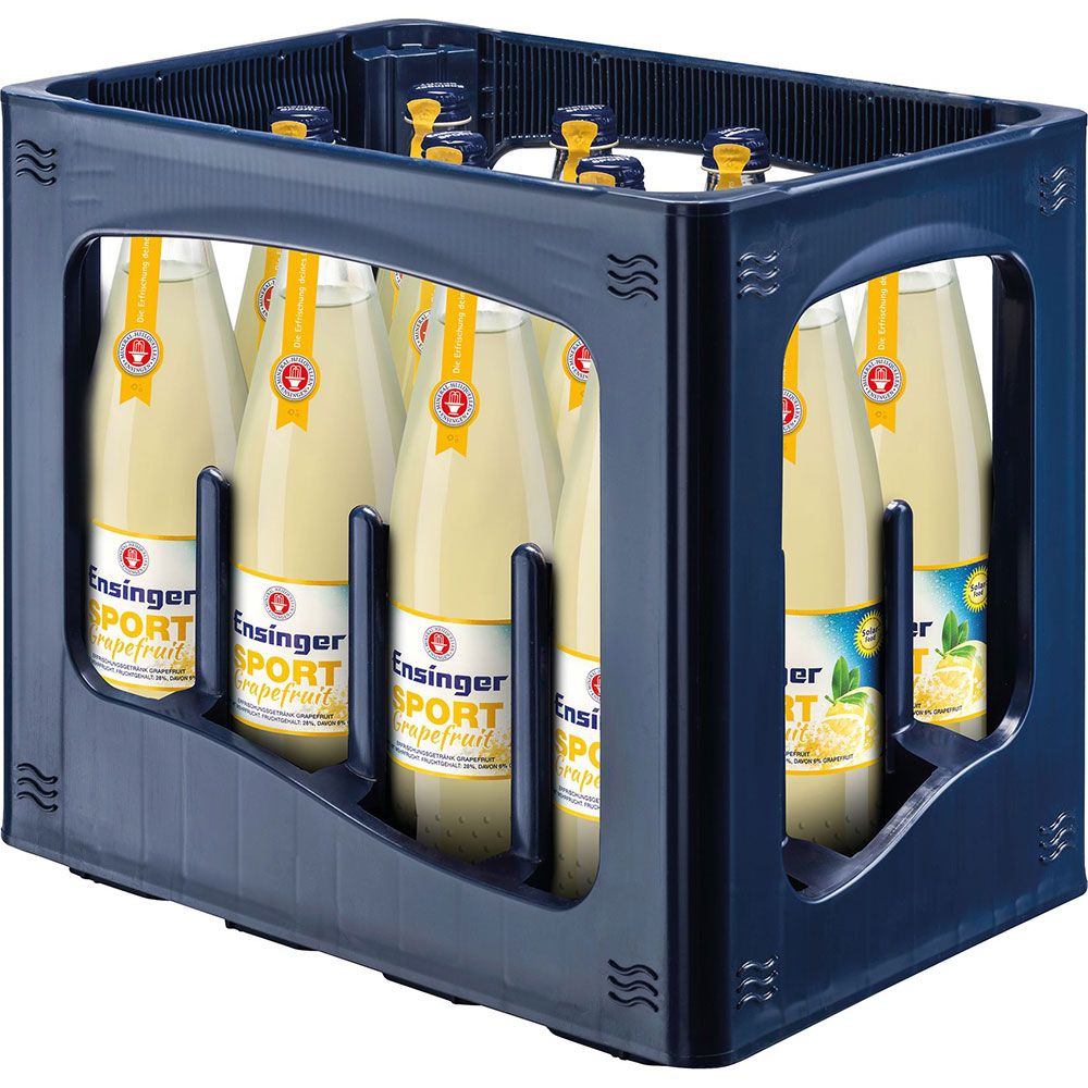 Eine blaue Kiste enthält zwölf Flaschen Ensinger Sport Grapefruit 12x0,75L (MEHRWEG) - das zuckerfreie Mineralwasser mit Magnesium und Calcium von Ensinger für die gesunde Erfrischung.
