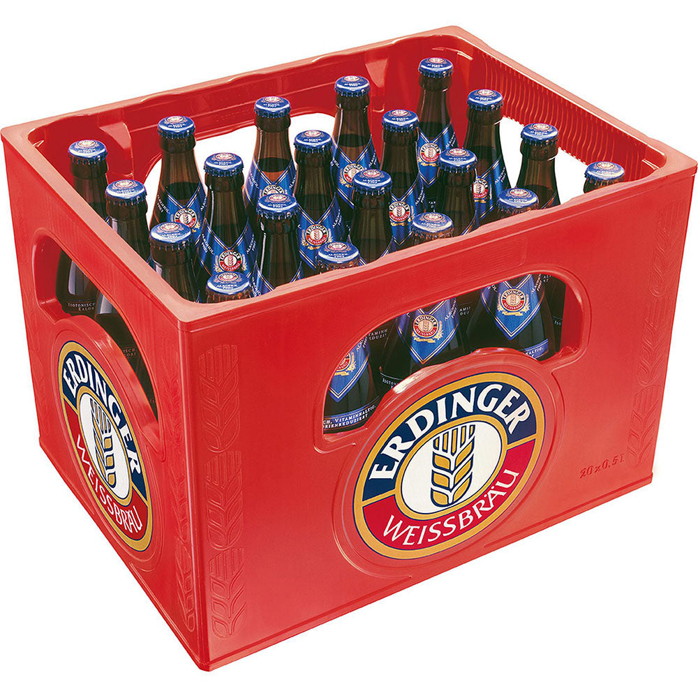 Eine rote Kiste mit 20 Flaschen Erdinger Weißbier Alkoholfrei 0,5L (MEHRWEG), mit dem Erdinger-Logo, das sowohl auf der Kiste als auch auf den Flaschenetiketten sichtbar ist.