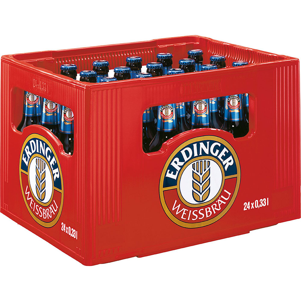 Eine rote Kiste Erdinger Weißbier Alkoholfrei (24x 0,33L MEHRWEG) enthält 24 Flaschen, ideal für den Genuss von alkoholfreiem Weizenbier.