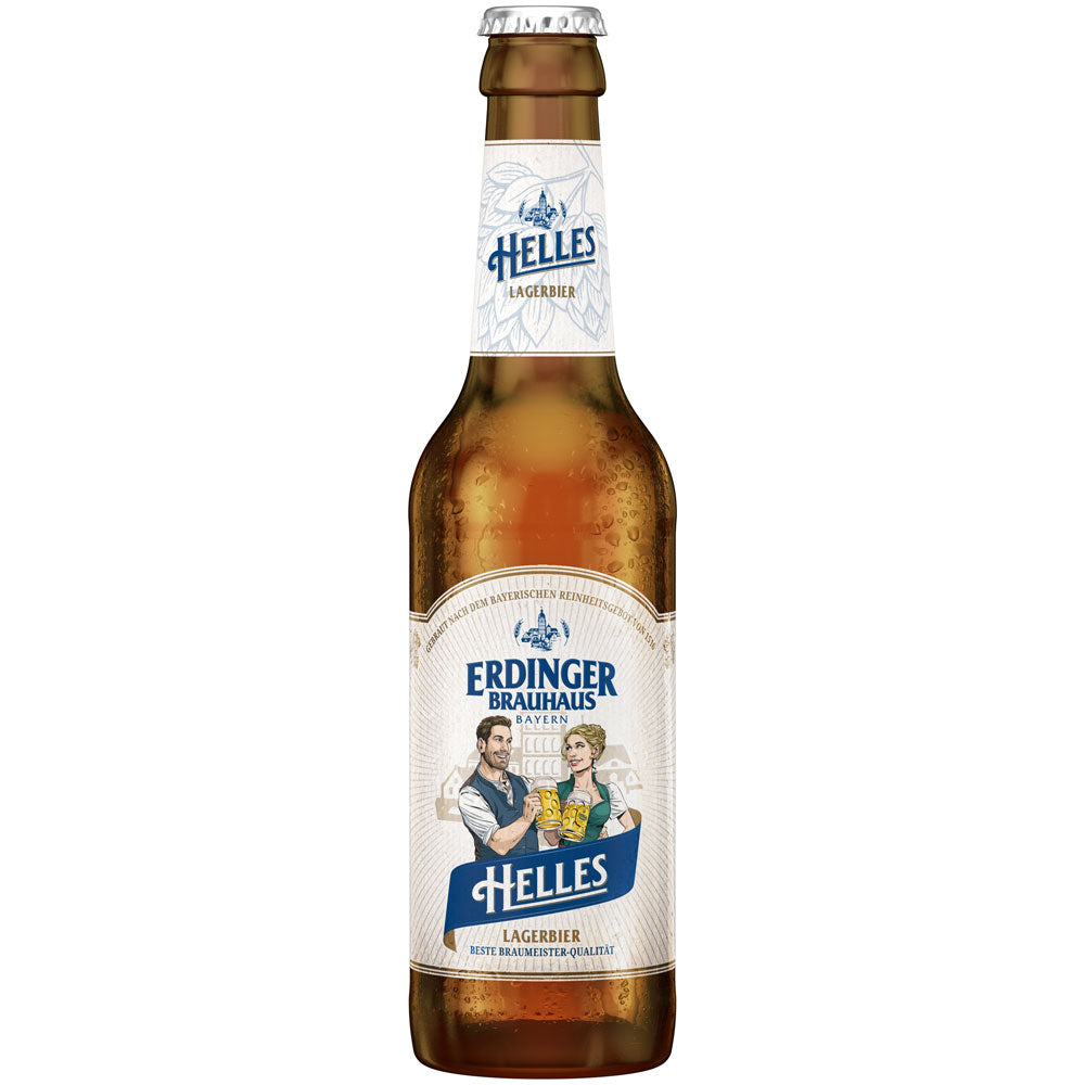 Eine Kiste Erdinger Weißbier Brauhaus Helles 24x 0,33L (Mehrweg), ein klassisches bayerisches Helles mit einem blau-weißen Etikett, auf dem zwei Personen mit Bier in der Hand abgebildet sind.