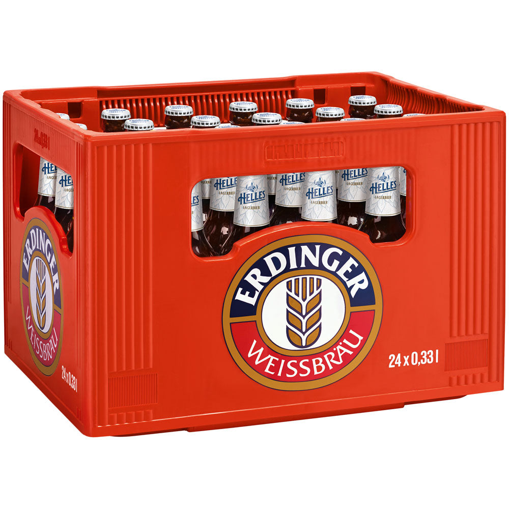 Eine rote Kiste mit der Aufschrift Erdinger Weißbier enthält 24 Flaschen Erdinger Brauhaus Helles 0,33 l (Mehrweg), ein klassisches bayerisches Helles und erfrischendes Lagerbier.