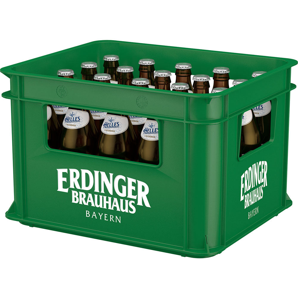 Eine grüne Kiste Erdinger Weißbier mit der Aufschrift "Erdinger Brauhaus Helles 20x 0,5 Liter (MEHRWEG)", gefüllt mit braunen Flaschen, die die bayerische Brautradition und den klassischen Erdinger Brauhaus Helles-Geschmack feiern.