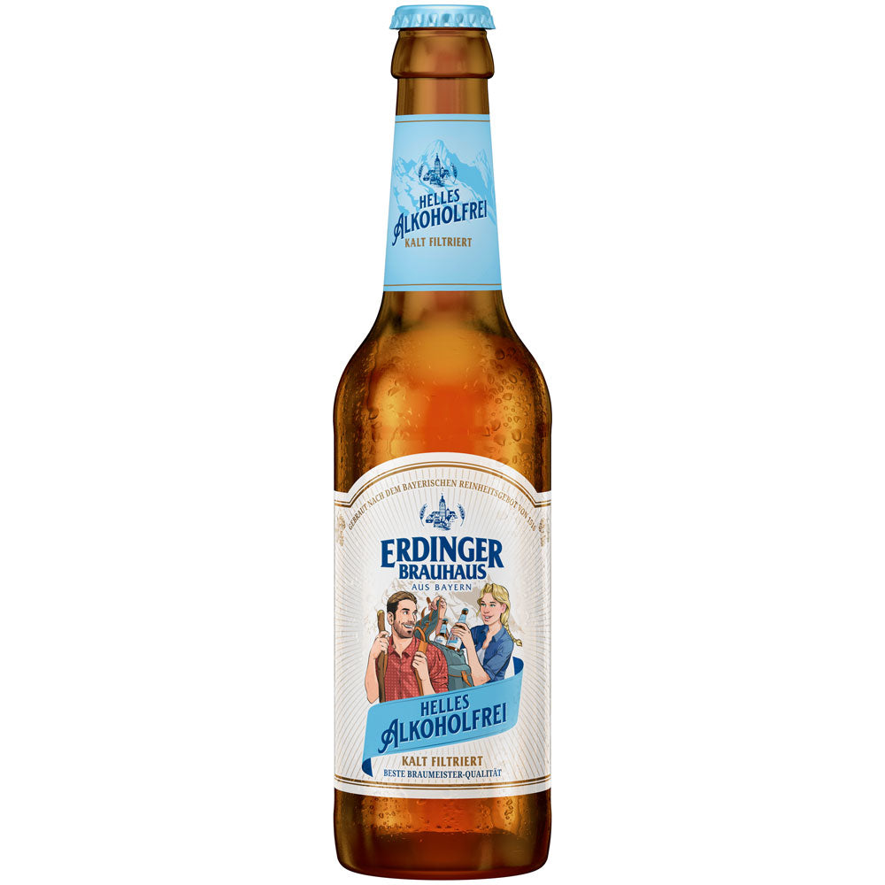 Eine 0,33 l Flasche Erdinger Weißbier Brauhaus Helles Alkoholfrei aus dem 24er-Pack (Mehrweg), ein erfrischendes bayerisches alkoholfreies Helles mit blau-weißem Etikett.