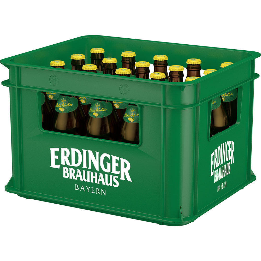Grüner Kasten mit Erdinger Weißbier, gefüllt mit Erdinger Brauhaus Natur-Radler 20x 0,5L (MEHRWEG) Flaschen; Logo auf der Seite aufgedruckt.